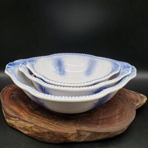 Victorian Dream Blue White Embossed Bowls Set of 3 Flow Blue Style 6"–8"